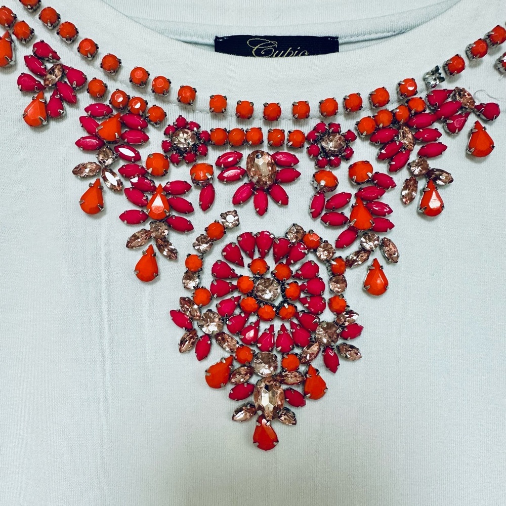 Orange rhinestone embellished white tee